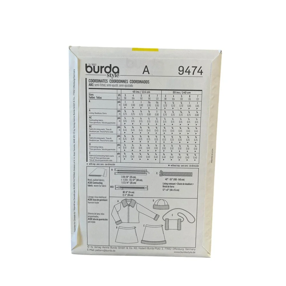 Burda Sewing Pattern 9474 Kids Size 3-7 White Coat Skirt Hat Purse Set Uncut